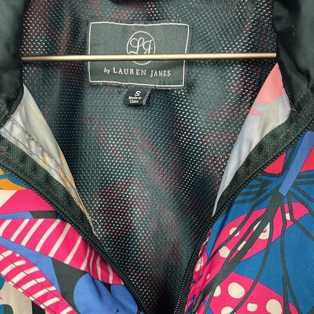 Lauren James Windbreaker Jacket S Blue Pink Hood Zip Front Pockets Hi-Lo Hem EUC - Picture 2 of 16